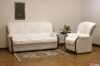 White leather sofa and armchair with exposed wood details