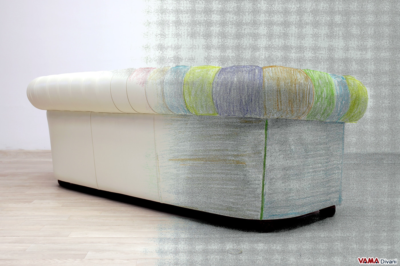 Back view of custom-built Harlequin Chesterfield sofa